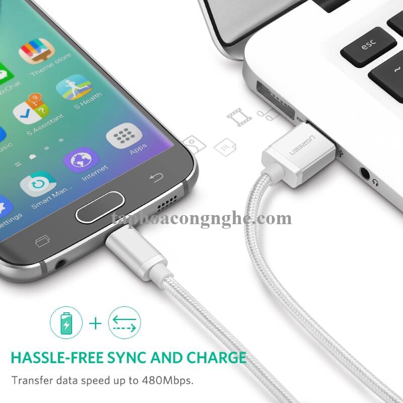Ugreen 30654 0.5M màu Trắng Cáp sạc truyền dữ liệu USB 2.0 sang MICRO USB đầu mạ vàng US134 30030654